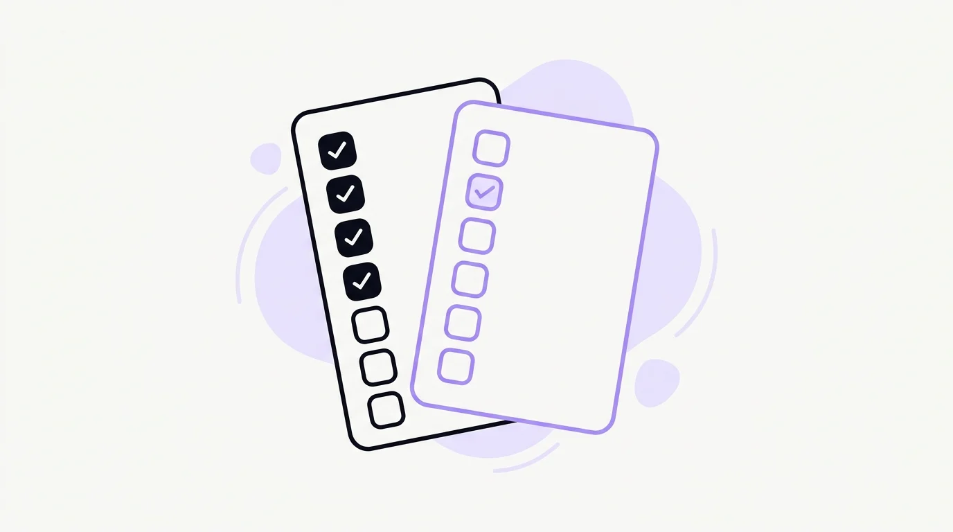 Twee overlappende checklistkaarten, de linker met vier zwarte afgevinkte vakjes en drie lege, de rechter met paarse omlijnde vakjes waarvan er één is afgevinkt
