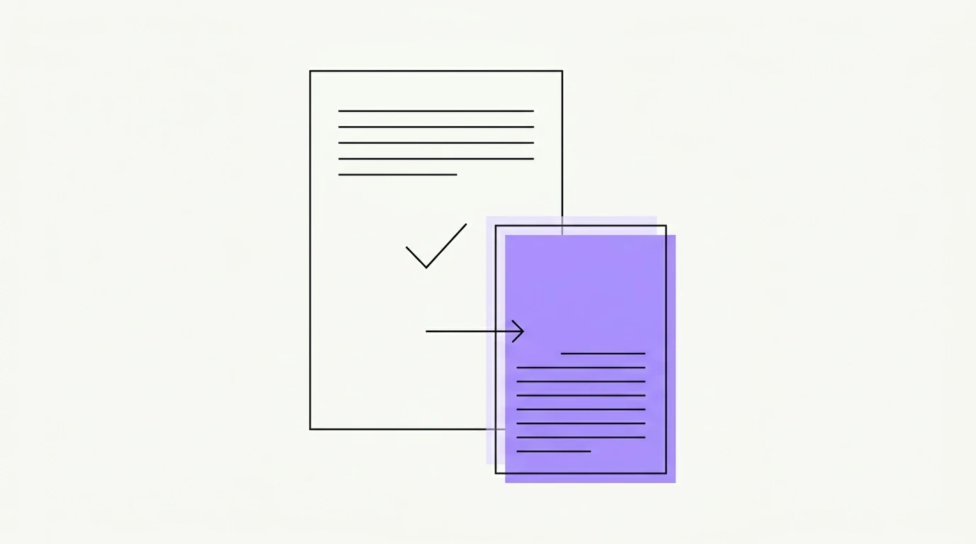 Een groot document met een vinkje dat als onderlaag dient voor een kleiner, nog half leeg document, als symbool voor een bestaande beoordeling die je als basis voor je eigen DPIA gebruikt
