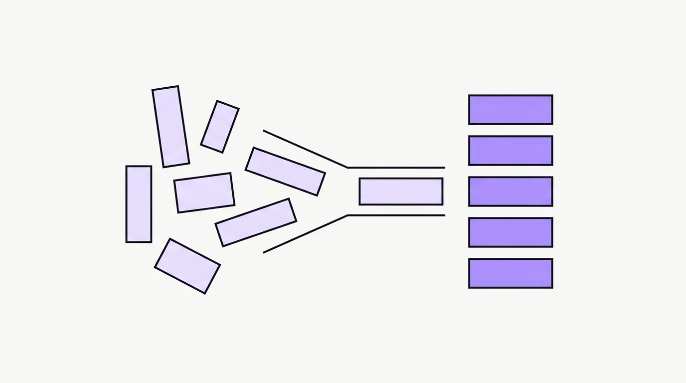 Losse, ongelijk gevormde documenten links die via een trechter samenkomen en rechts uitkomen als één nette kolom van identieke, gelijkvormige documenten