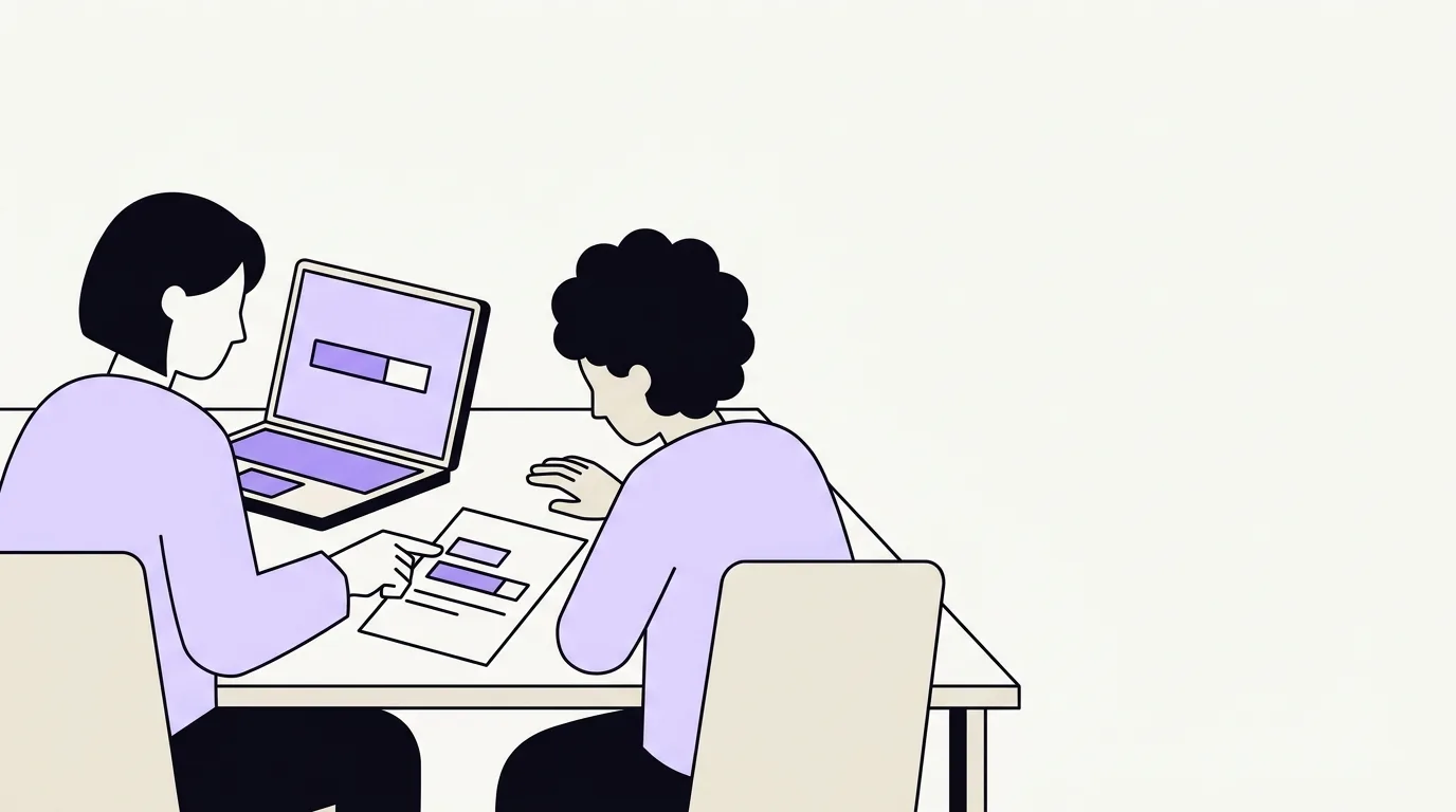 Twee collega's bekijken samen een DPIA-rapport aan tafel, met een eenvoudige risico-indicator ernaast